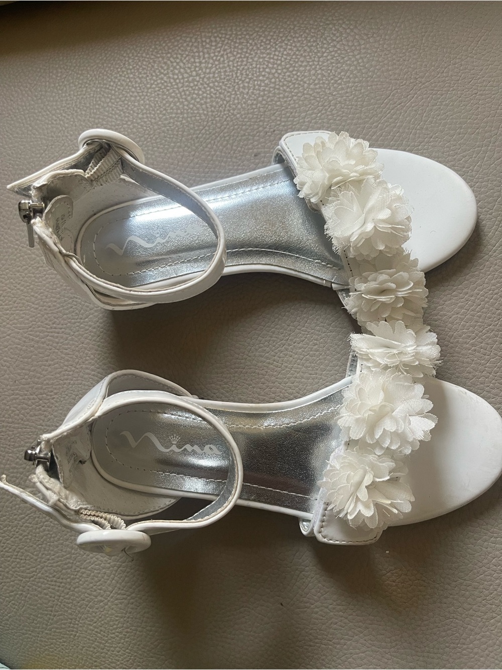Nina White Floral Ankle-Strap Sandals with Silver Footbed